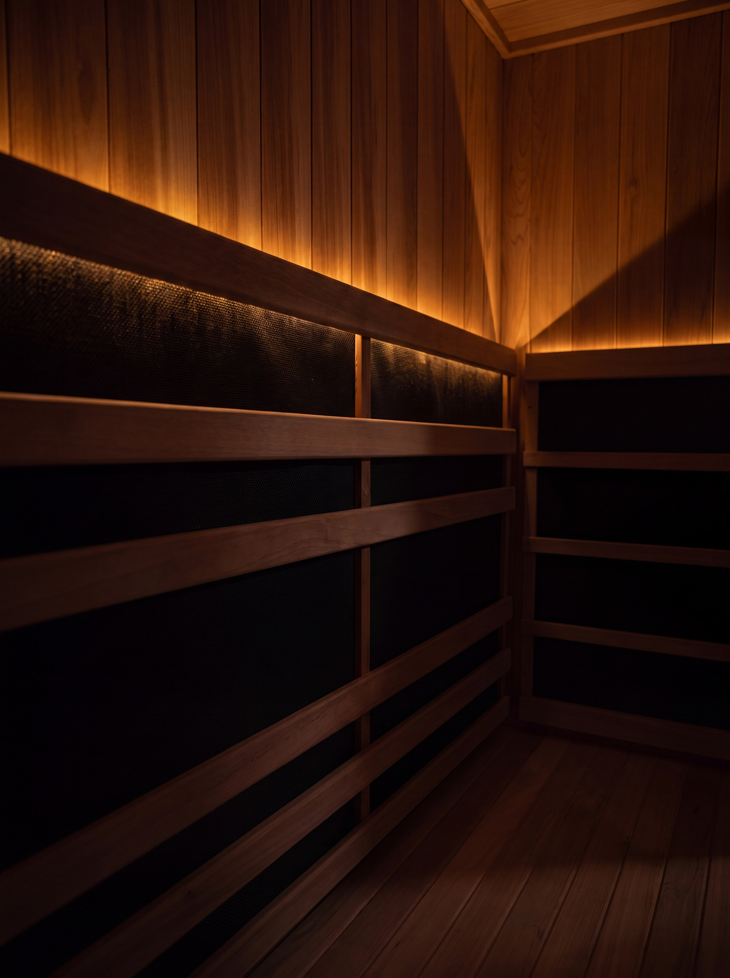Solas Two interior — red cedar back wall with chromotherapy panel and stereo speakers